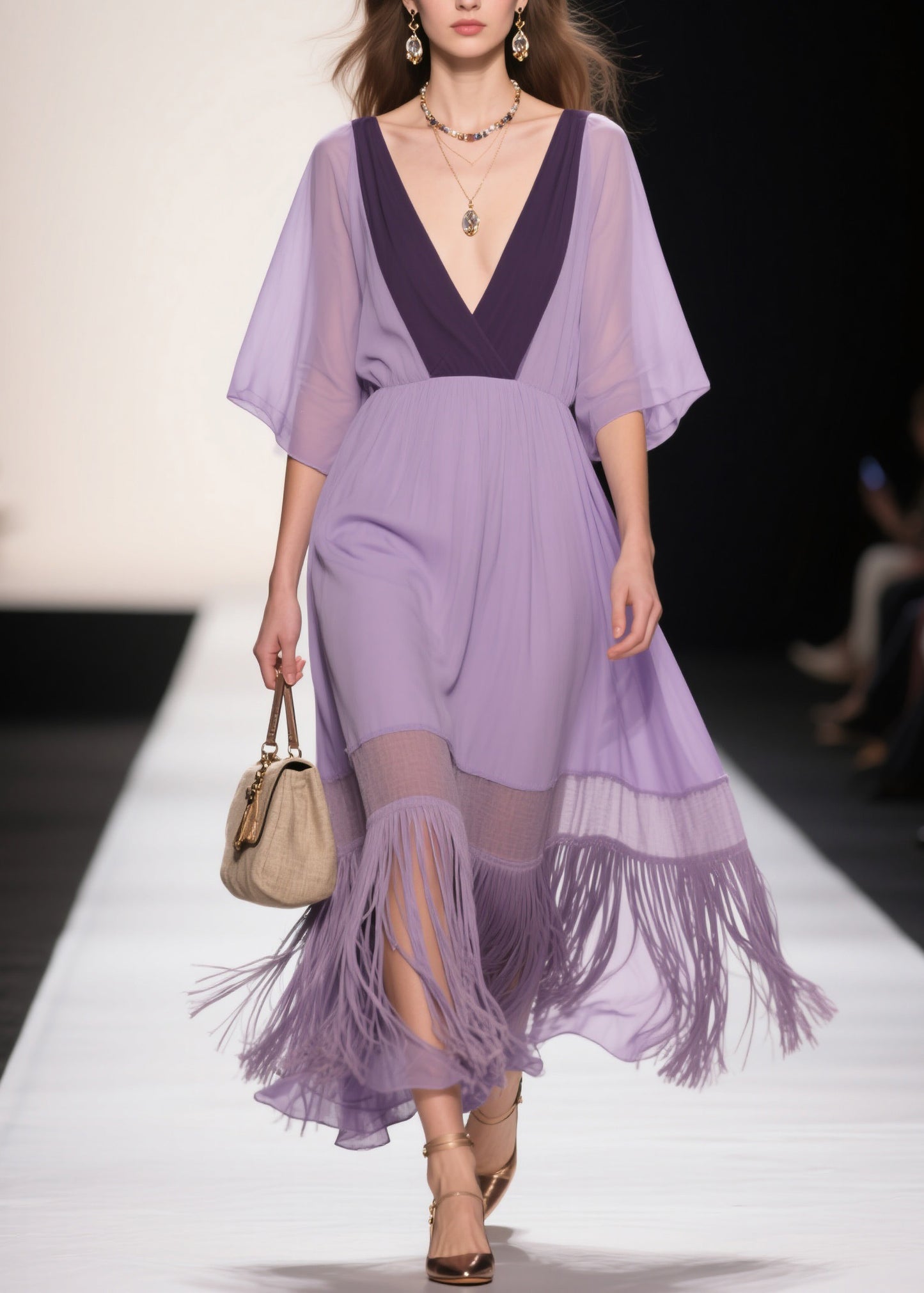 Plus Size Purple V Neck Tassel Patchwork Cotton Dress Summer