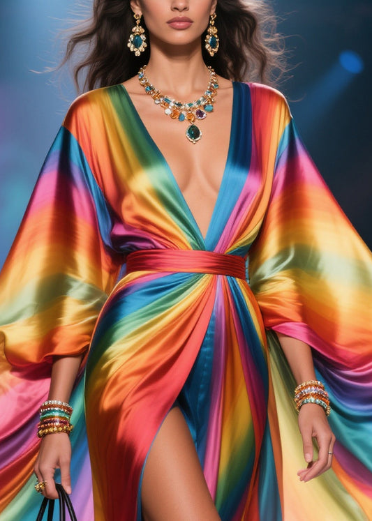 Plus Size Rainbow V Neck Exra Large Hem Chiffon Holiday Dress Summer