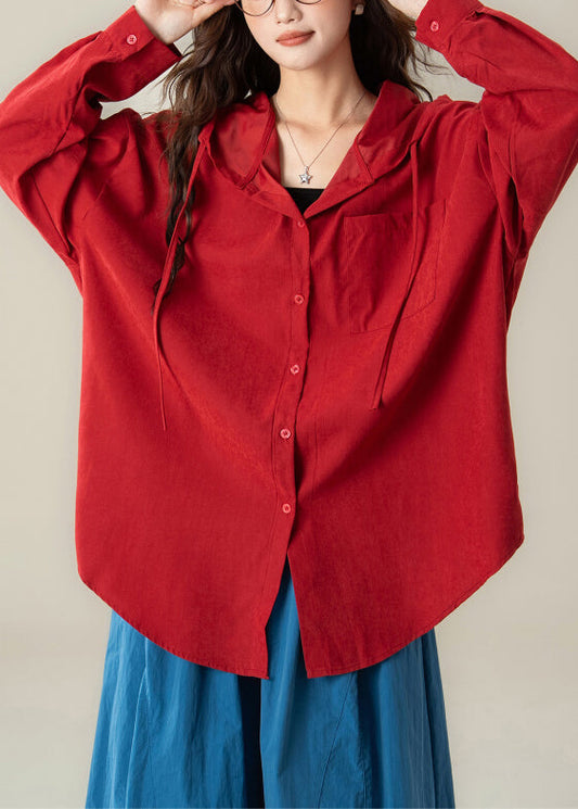 Plus Size Red Hooded Button Cotton Shirt Spring