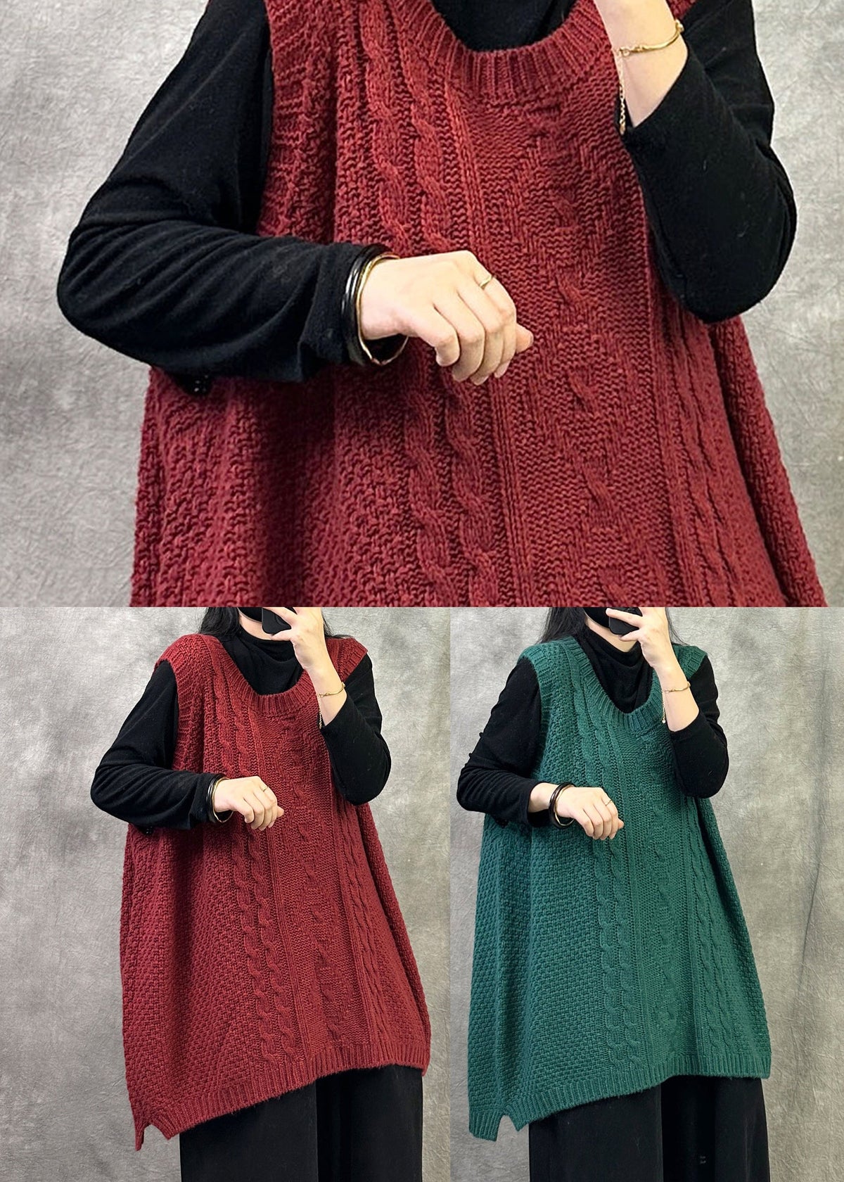 Plus Size Red O Neck Cable Knit Vest Tops Sleeveless