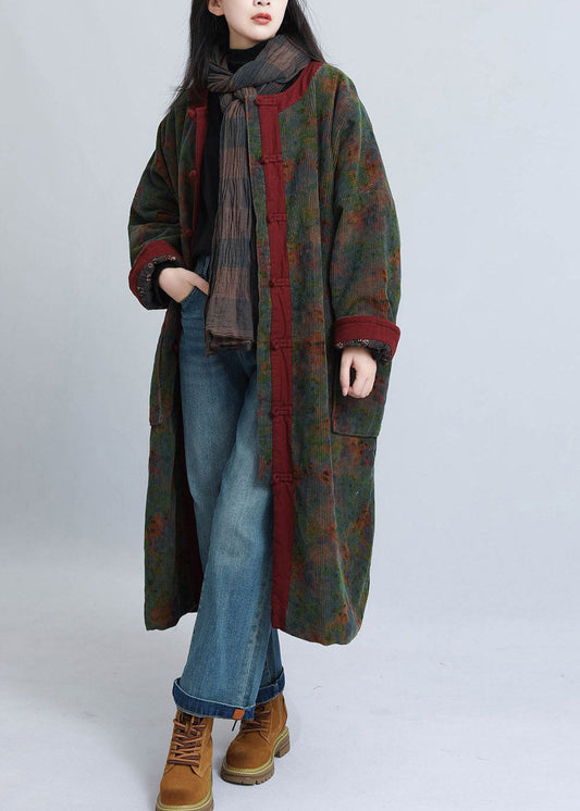 Plus Size Red O-Neck Print Patchwork Long Parka Long Sleeve