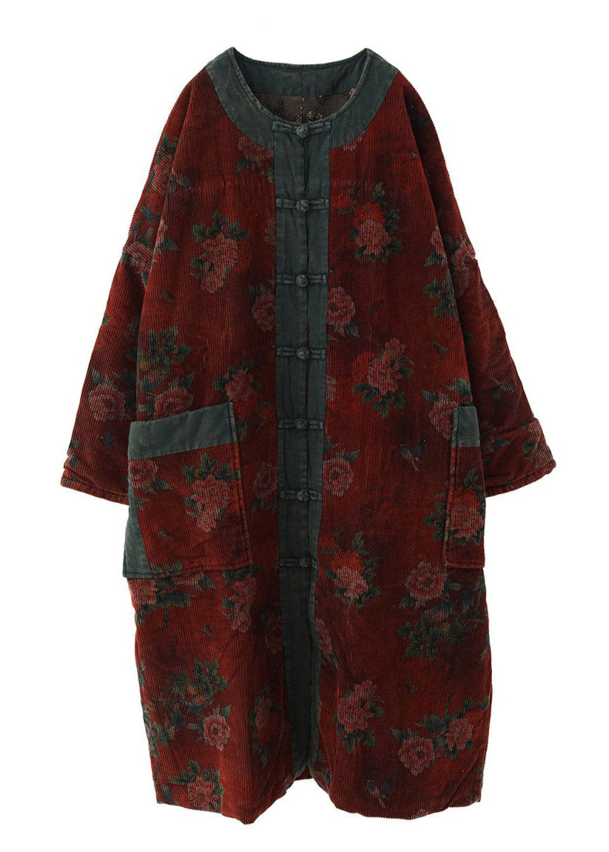 Plus Size Red O-Neck Print Patchwork Long Parka Long Sleeve