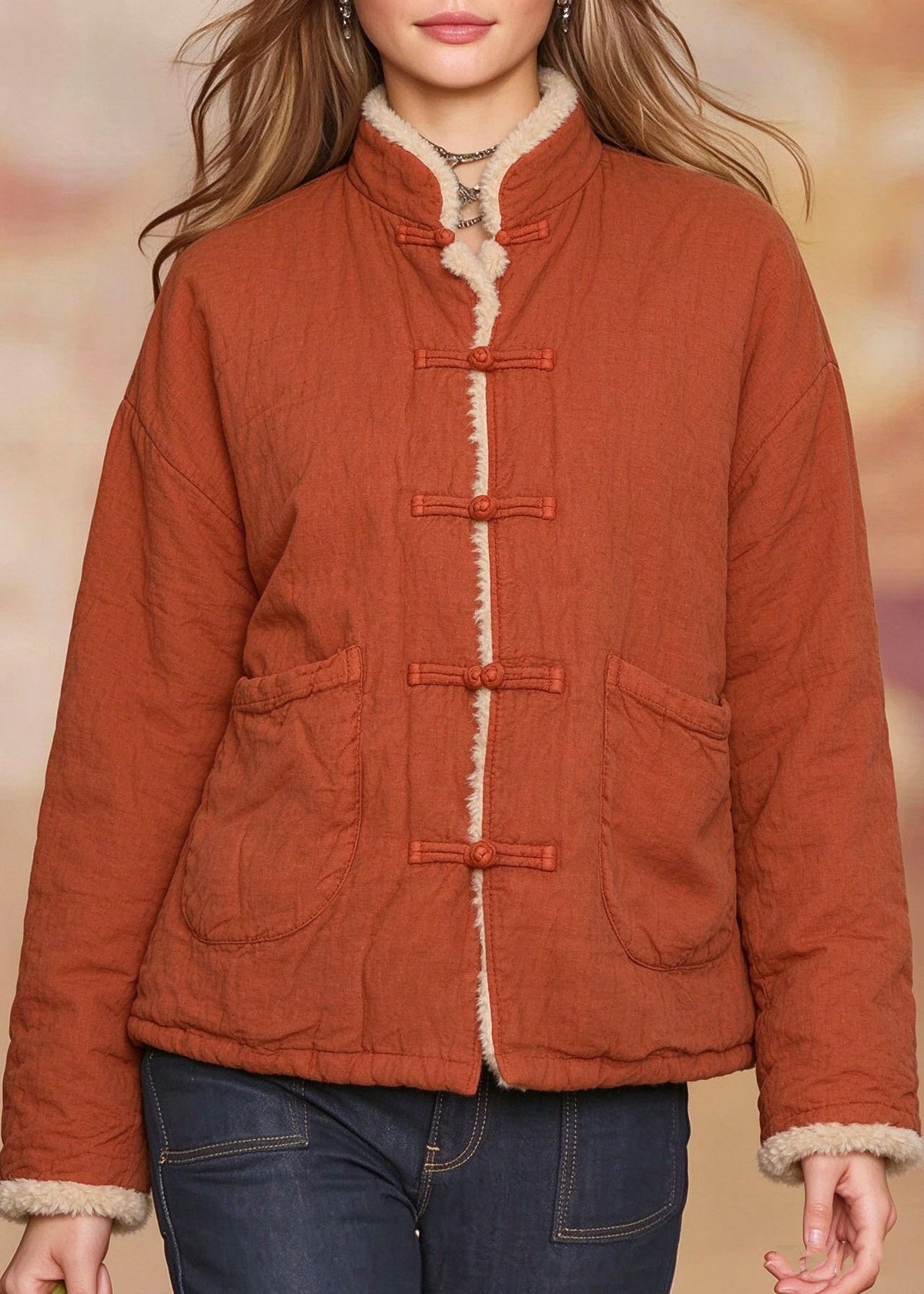 Plus Size Red Patchwork Button Fuzzy Wool Lined Linen Parka Winter
