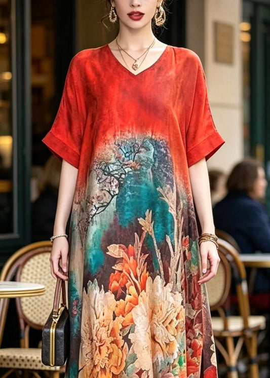 Plus Size Red Print Silk Maxi Dresses Short Sleeve