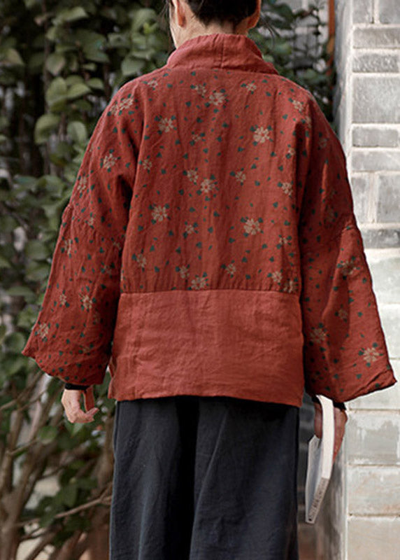 Plus Size Red Print Tie Waist Parka Long Sleeve