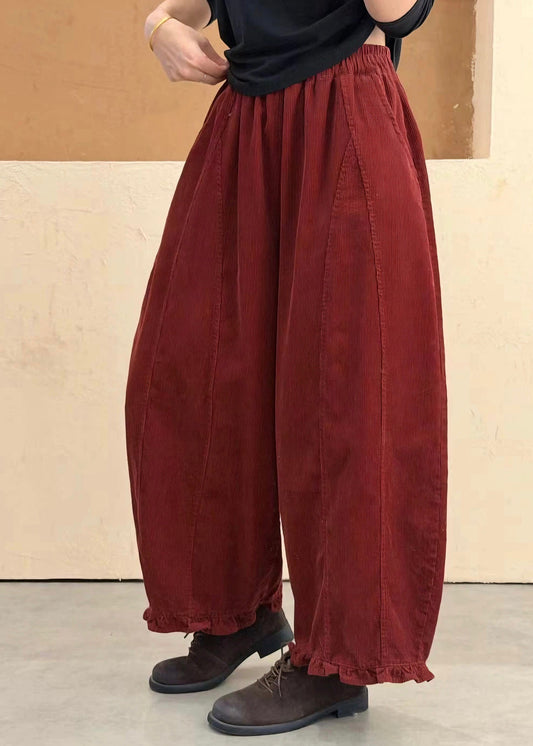 Plus Size Red Ruffled Pockets Patchwork Cotton Pants Fall