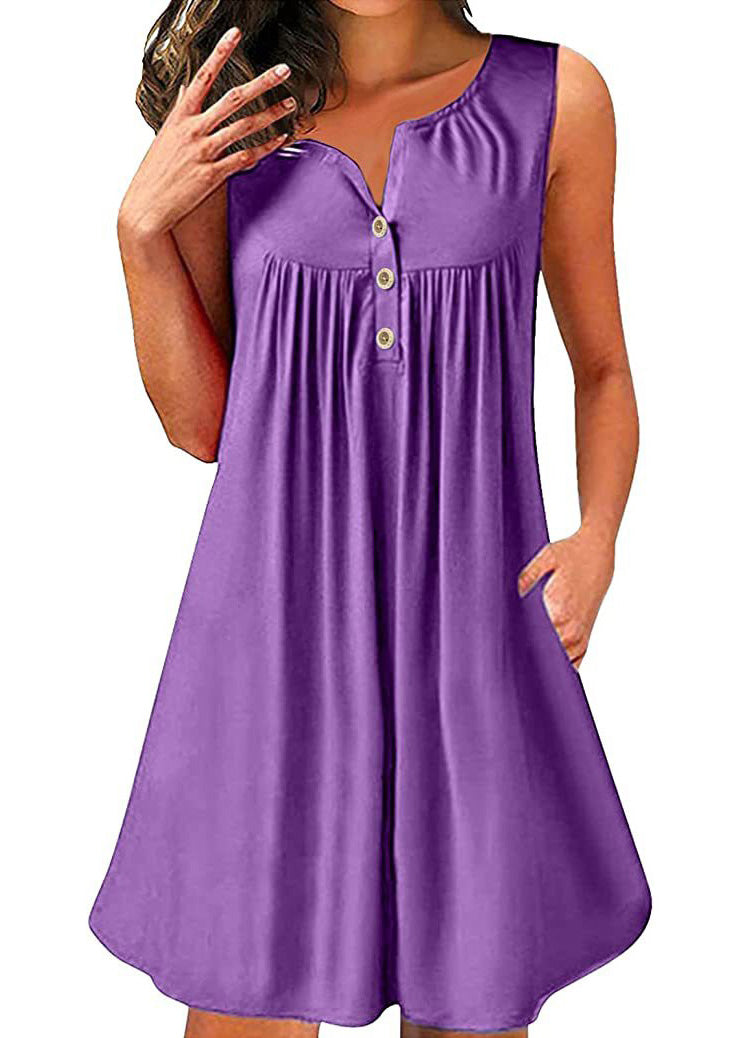 Plus Size Red V Neck Wrinkled Cotton Mid Dress Sleeveless