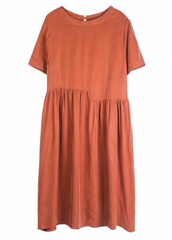 Plus Size Rust Red O-Neck Patchwork Summer Maxi Dresses Short Sleeve - SooLinen