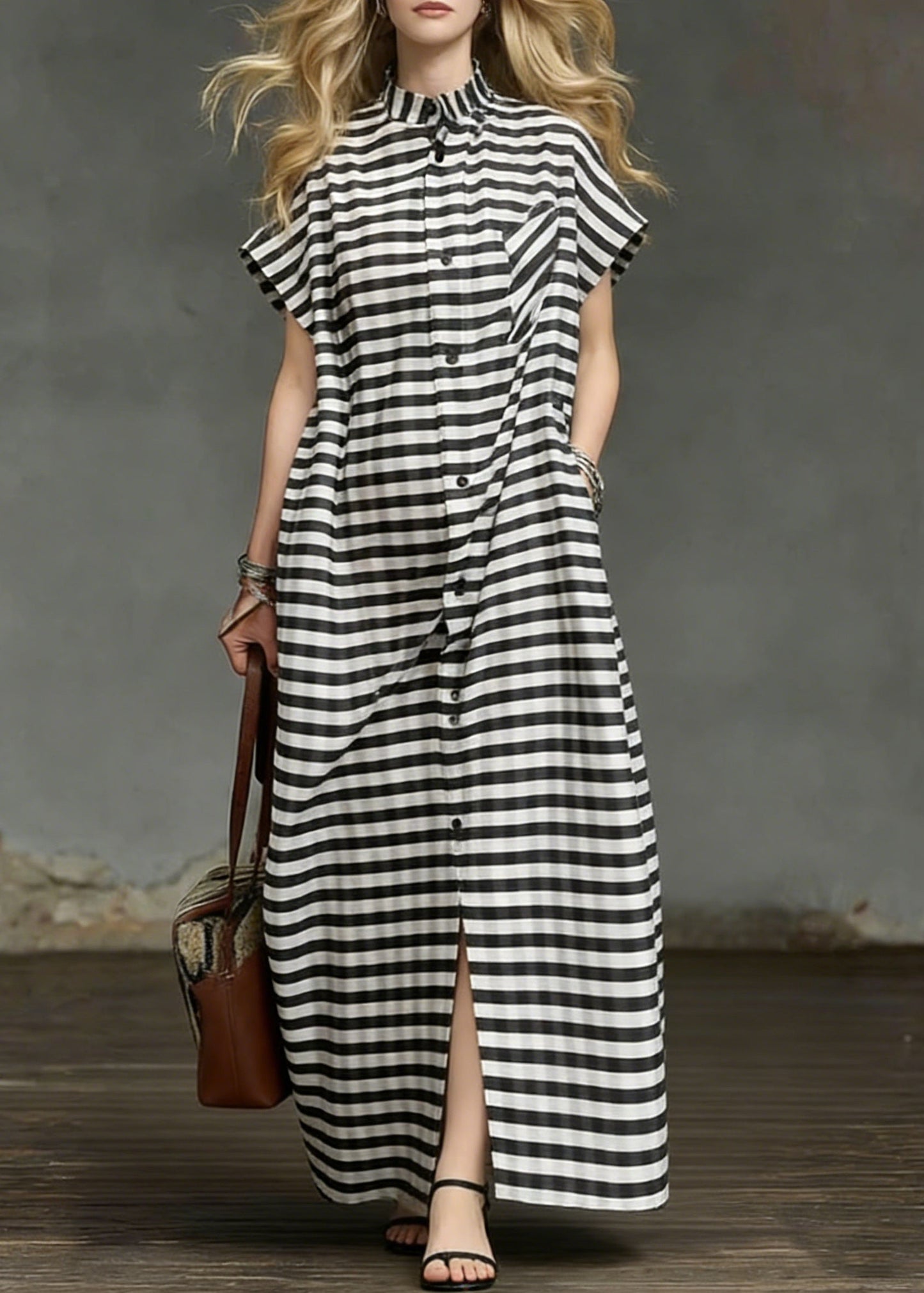 Plus Size Striped Pockets Side Open Cotton Long Dresses Summer