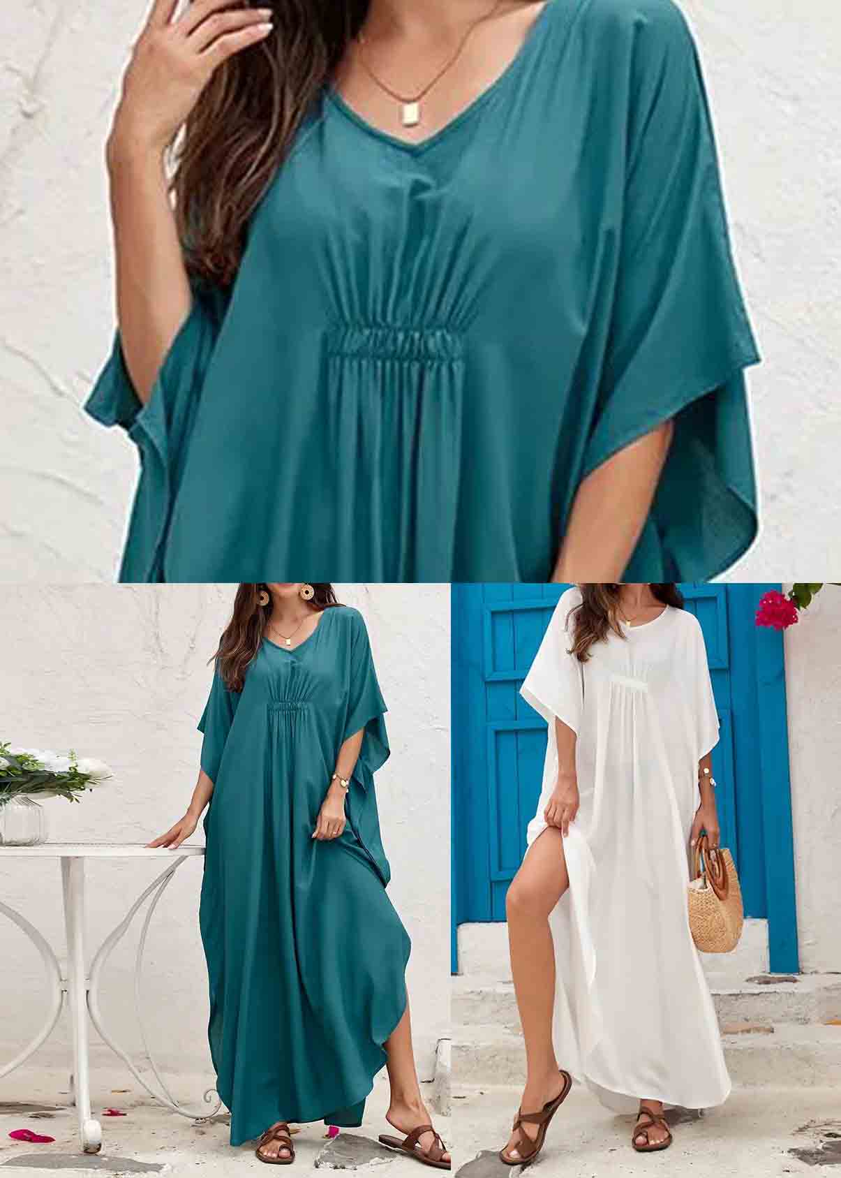 Plus Size Tea Green Oversized Cotton Dress Batwing Sleeve