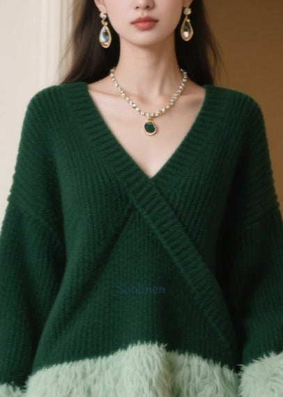 Plus Size Tea Green Oversized Patchwork Knitwear Dress Winter