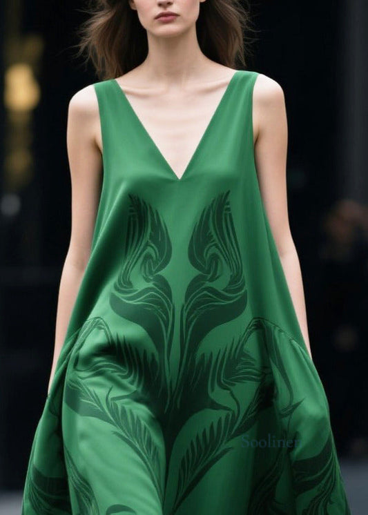 Plus Size Tea Green Oversized Print Chiffon Holiday Dress Sleeveless