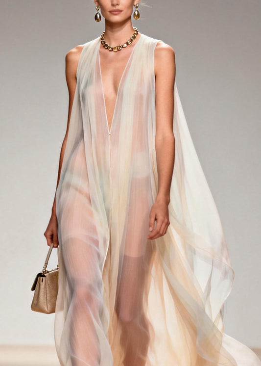 Plus Size V Neck Chiffon Long Dresses Sleeveless