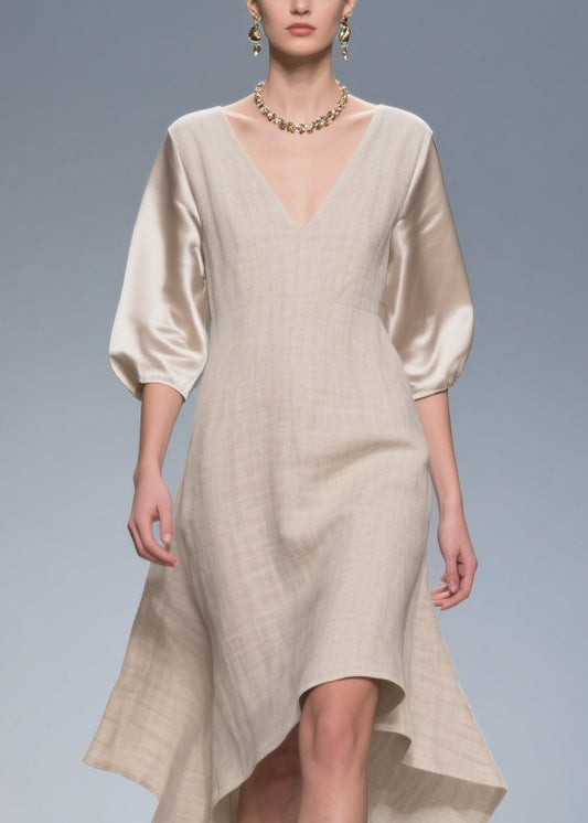 Plus Size V Neck Patchwork Linen Silk Dress Summer