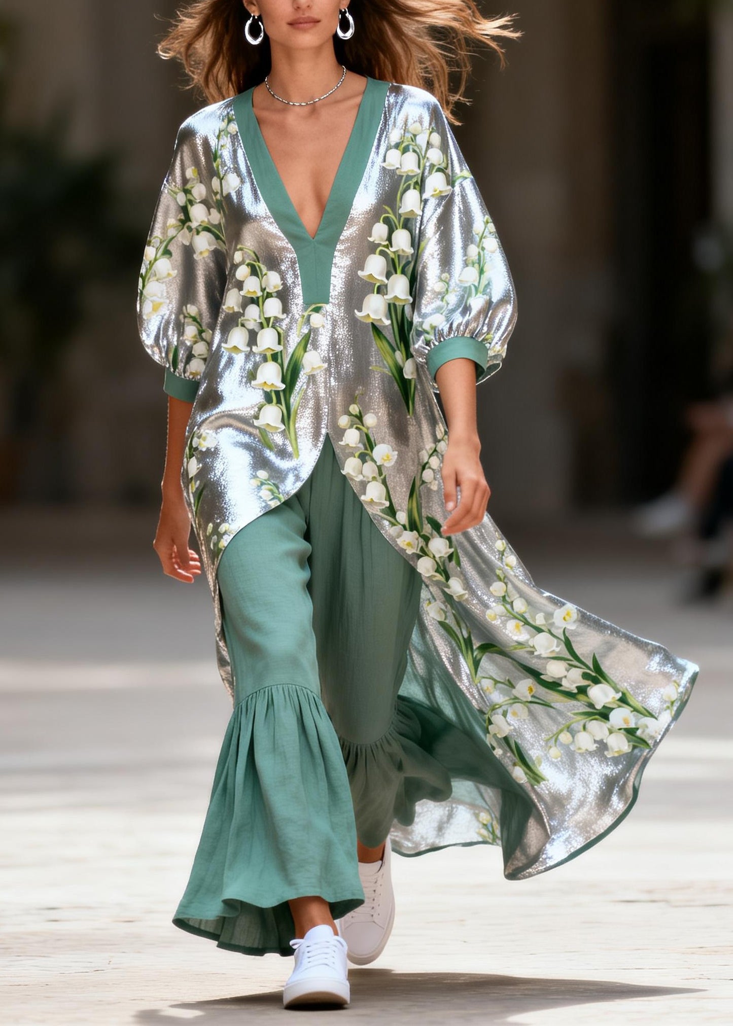 Plus Size V Neck Print Silk Top And Linen Pants Two Pieces Set Summer