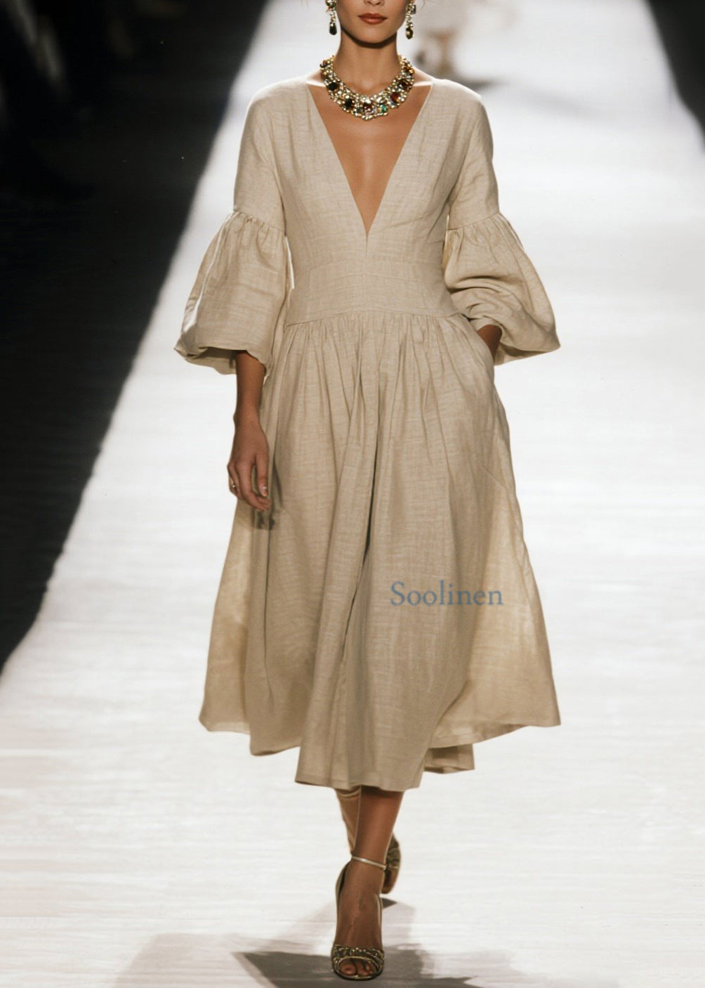 Plus Size V Neck Wrinkled Patchwork Cotton Dress Spring