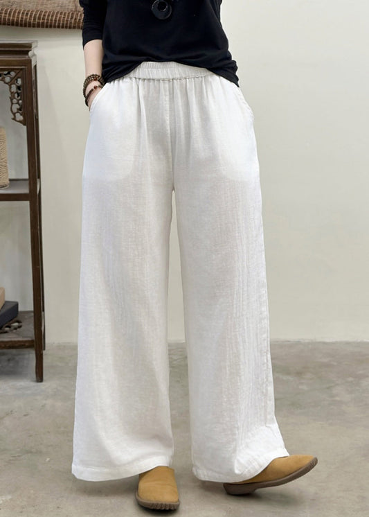 Plus Size White Elastic Waist Linen Straight Pants Summer