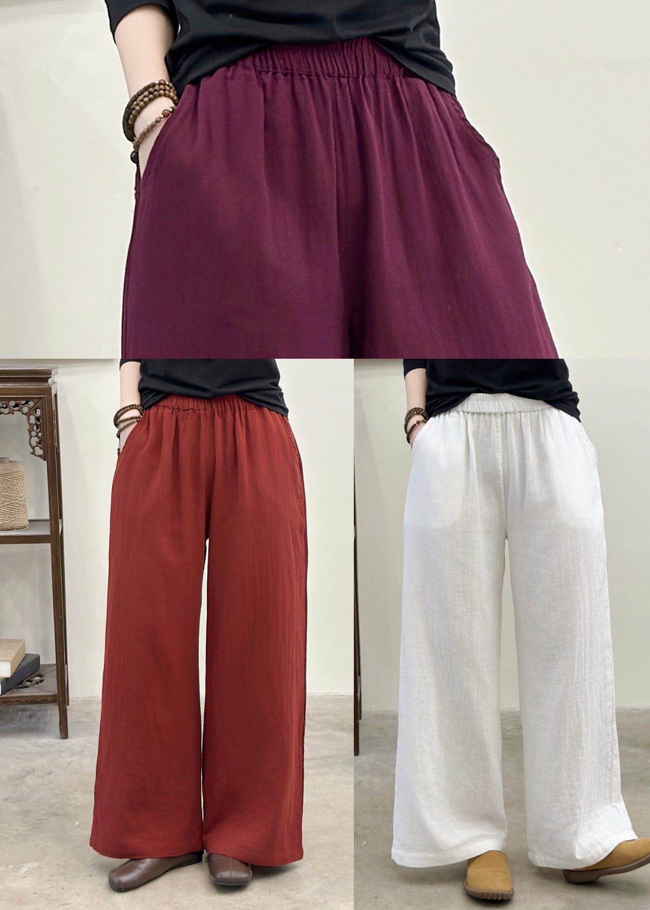 Plus Size White Elastic Waist Linen Straight Pants Summer