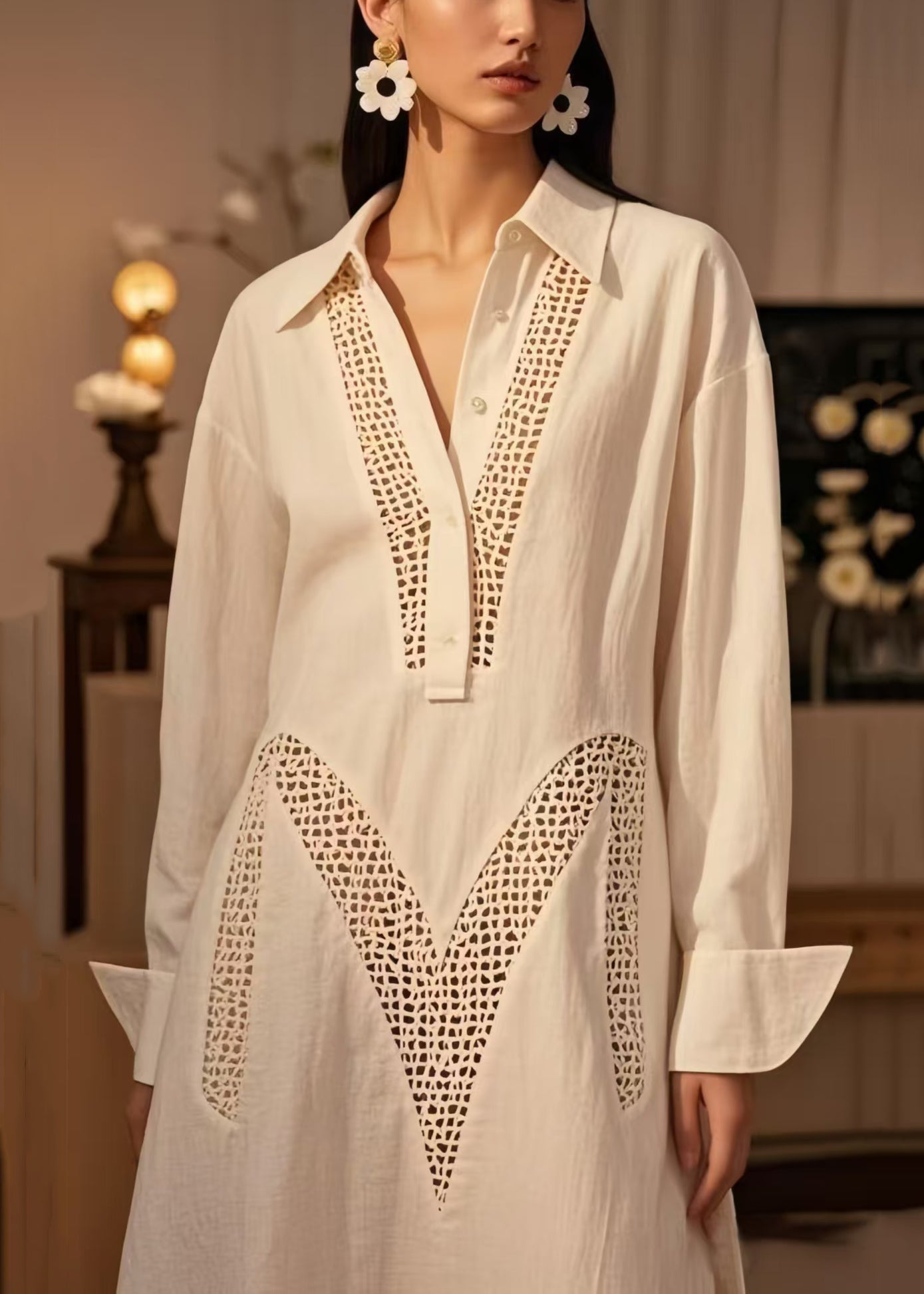 Plus Size White Hollow Out Cotton Maxi Dresses Spring