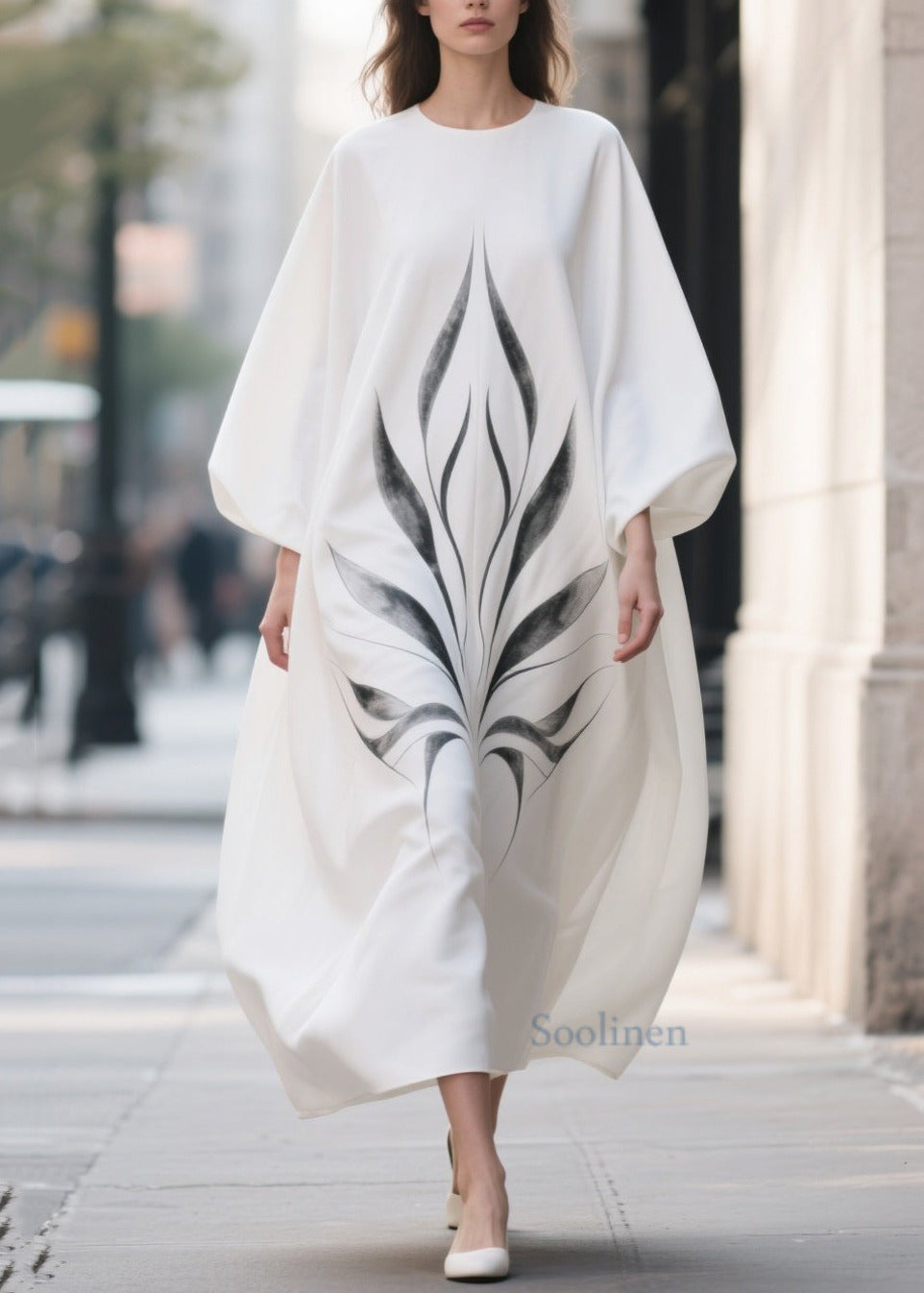 Plus Size White Oversized Print Chiffon Dress Lantern Sleeve