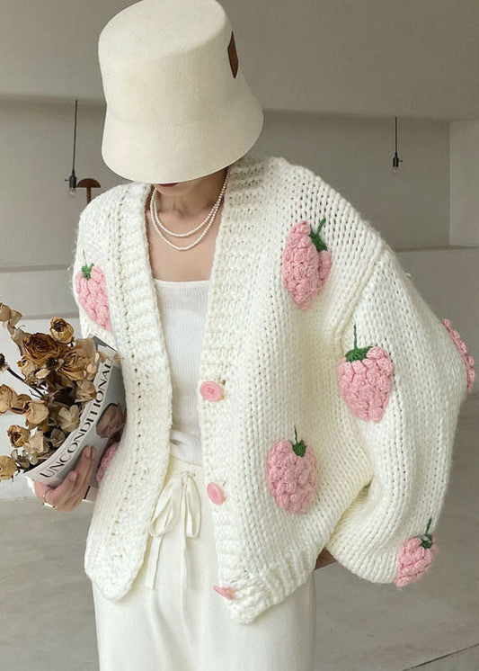 Plus Size White V Neck Button Knit Sweater Winter Coat