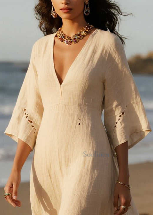 Plus Size White V Neck Hollow Out Cotton Holiday Dress Summer