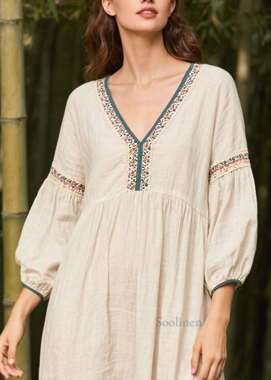 Plus Size White V Neck Patchwork Linen Dress Bracelet Sleeve