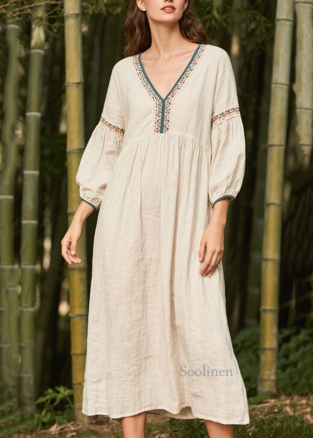 Plus Size White V Neck Patchwork Linen Dress Bracelet Sleeve