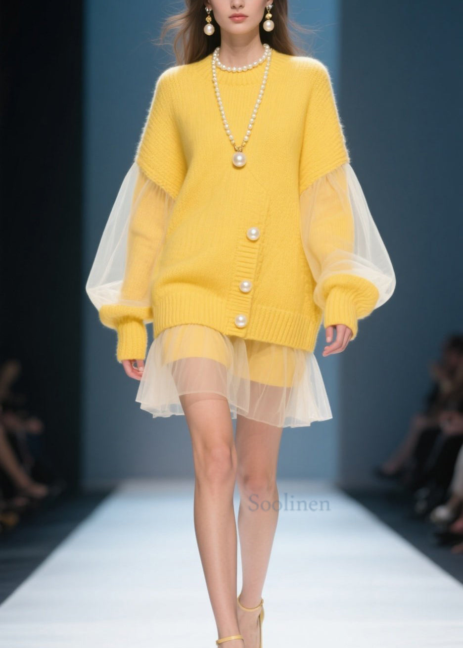 Plus Size Yellow O Neck Tulle Patchwork Knit Dress Fall