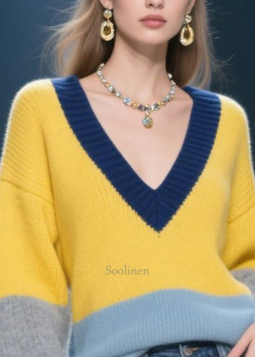 Plus Size Yellow V Neck Patchwork Knit Pullover Winter