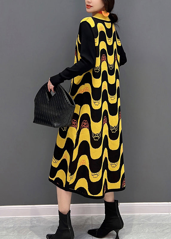 Plus Size Yellow V Neck Striped Patchwork Knit Dress Fall