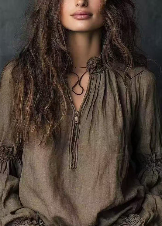 Plus Size Zip Up Ruffled Patchwork Cotton Tops Spring