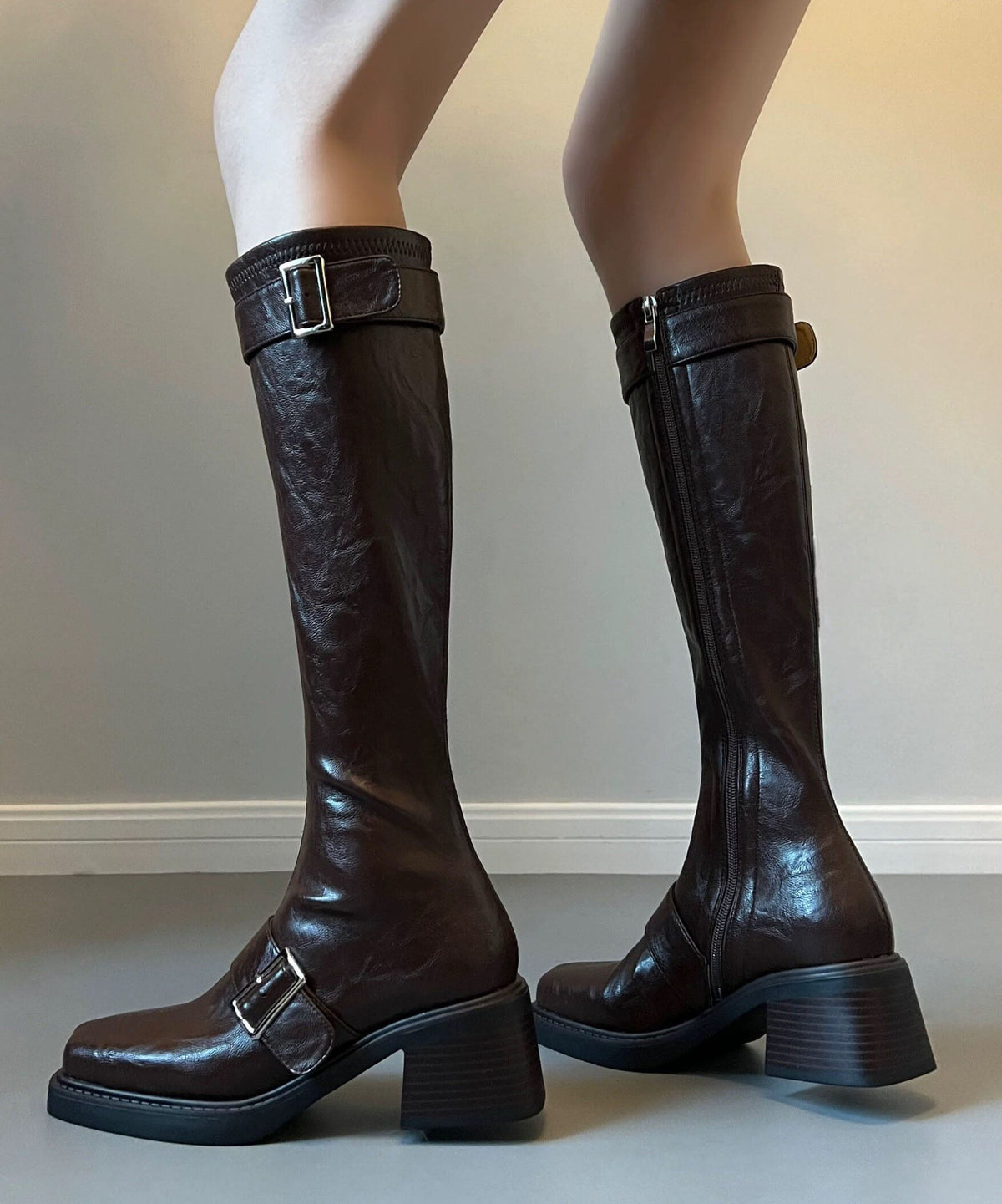 Pointed Toe Chocolate Boots Buckle Strap Chunky Boots