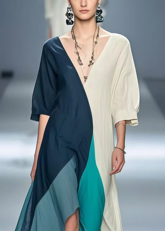 Polychrome Patchwork Cotton Robe Dresses Asymmetrical Summer