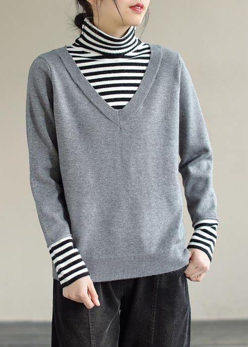Pullover Light Gray Sweater Tops Patchwork High Neck Plus Size Spring Knit Sweat Tops - SooLinen