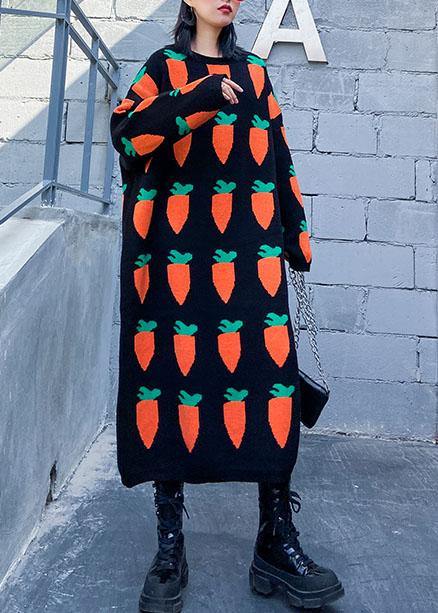 Pullover black print Sweater weather Re fashion o neck baggy Tejidos knit dresses - SooLinen