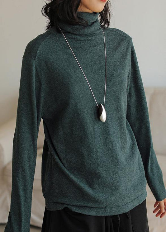 Pullover blackish green knit sweat tops casual high neck knitted pullover - SooLinen