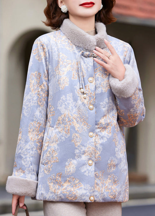 Purple Button Patchwork Warm Fleece Parkas Fur Collar Winter