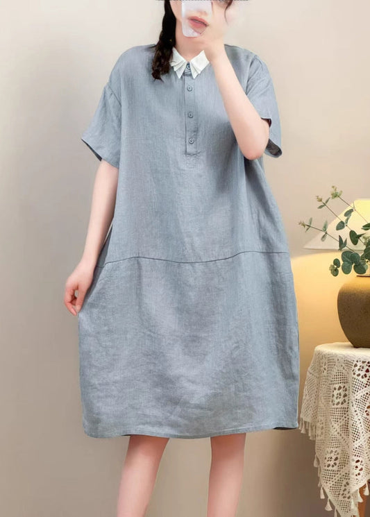 Purple Button Pockets Solid Cotton Summer Dresses Peter Pan Collar