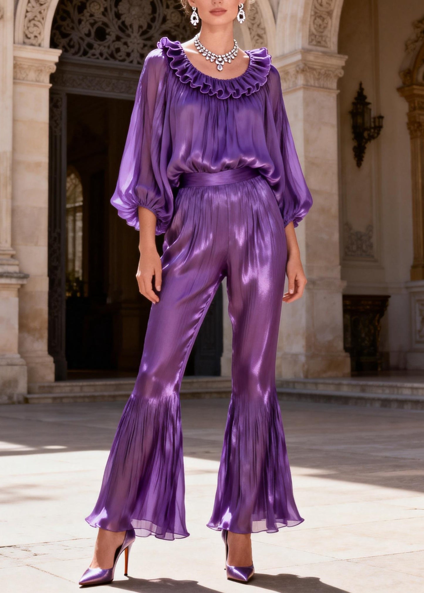 Purple High Waist Solid Silk Two Pieces Set Ruffled Lantern Sleeve
