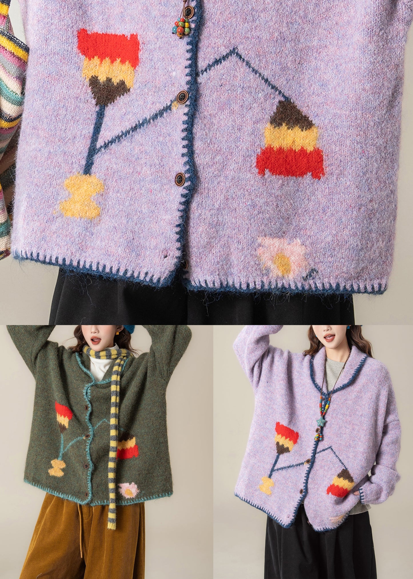 Purple Jacquard Button Knit Coats Peter Pan Collar