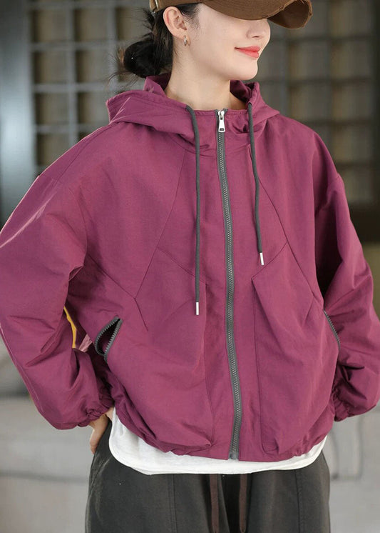 Purple Oversized Spandex Coat Hooded Drawstring Fall