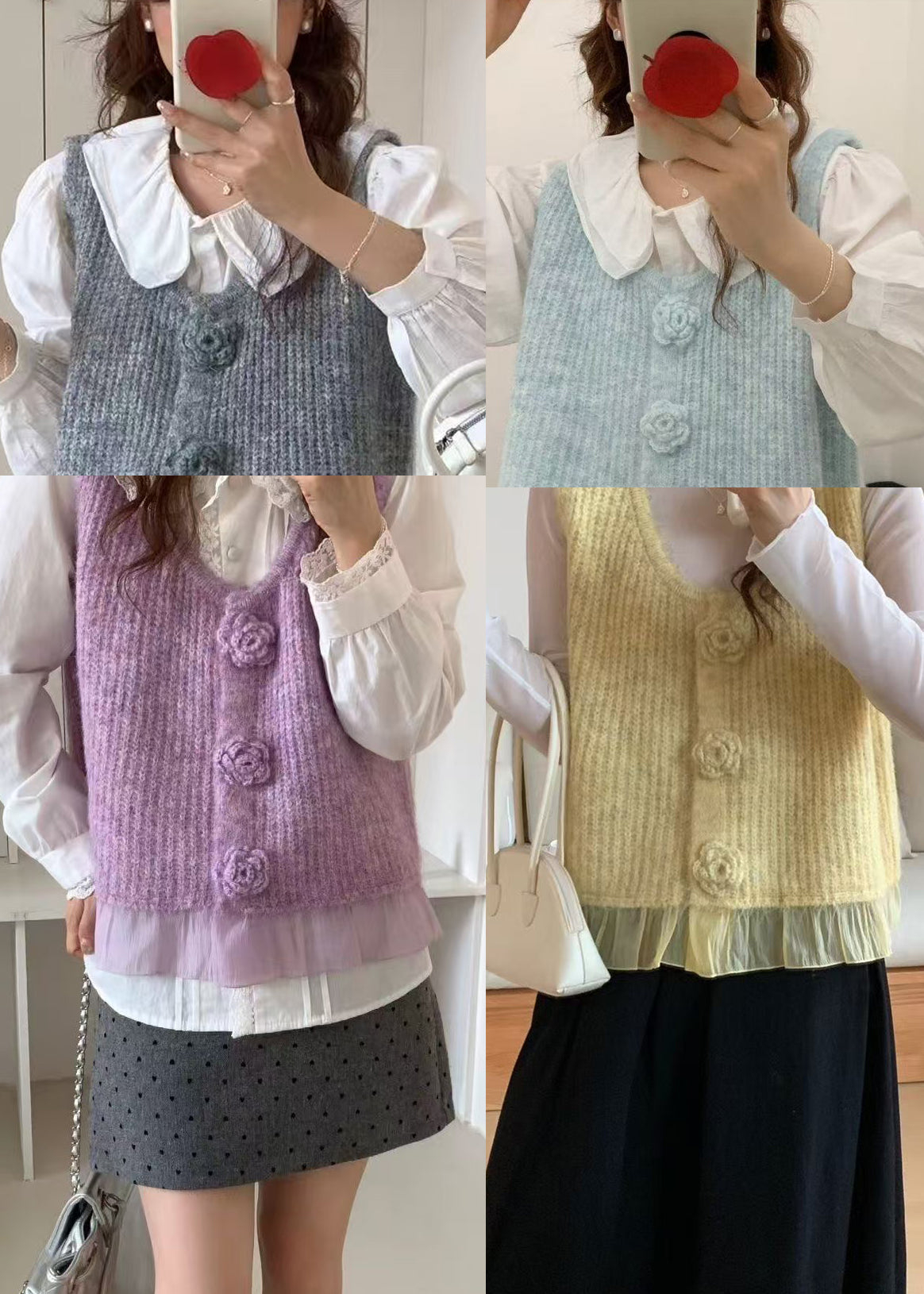 Purple Patchwork Knit Vests V Neck Floral Decorated Spring