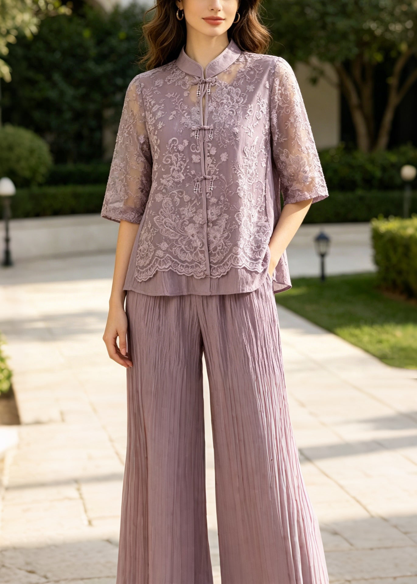 Purple Patchwork Lace Women Sets 2 Pieces Mandarin Collar Summer