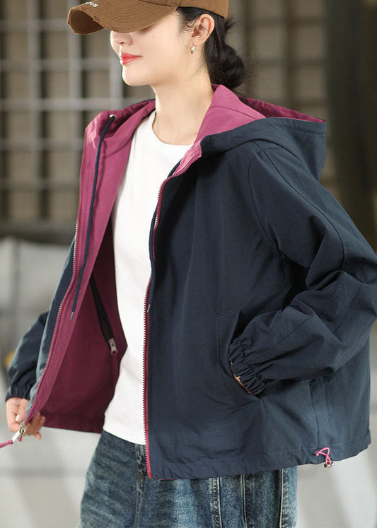 Purple Pockets Cotton Coats Hooded Wear On Both Sides Fall