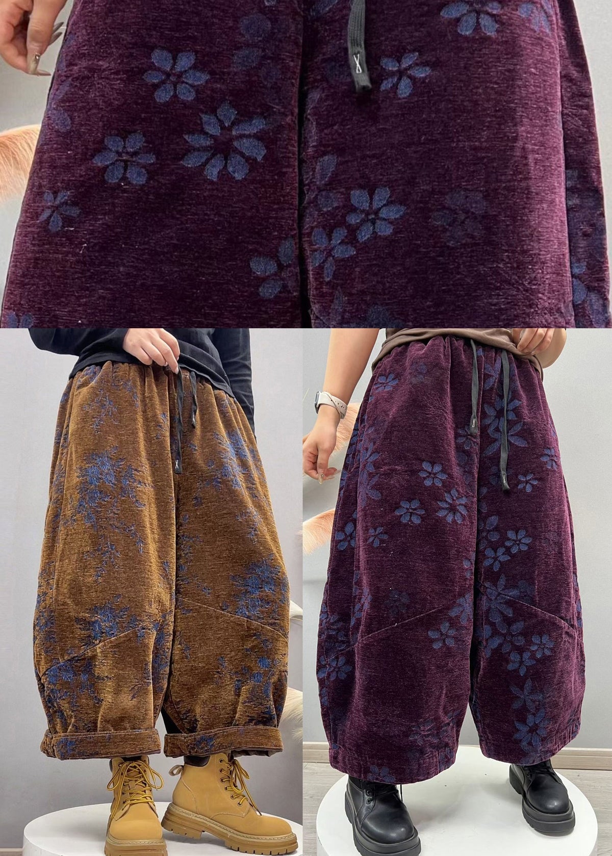 Purple Pockets Jacquard Denim Crop Pants Elastic Waist Fall