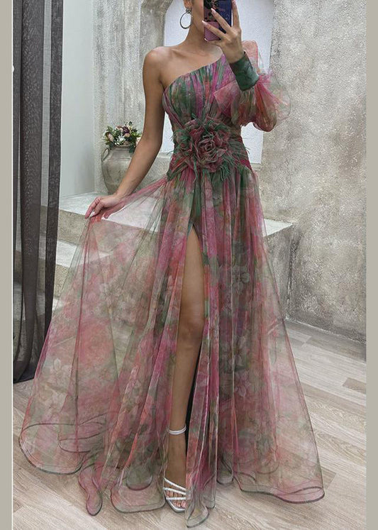 Purple Print Chiffon Dress One Shoulder Side Open Summer