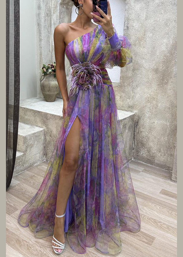 Purple Print Chiffon Dress One Shoulder Side Open Summer