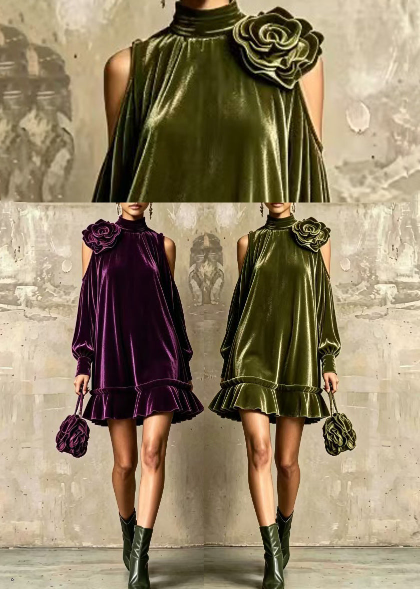 Purple Stereoscopic Floral Velvet Dresses Hign Neck Ruffled Fall