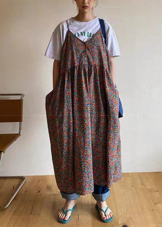 Red Button Print Cotton Sleeveless Spaghetti Strap Dress V Neck